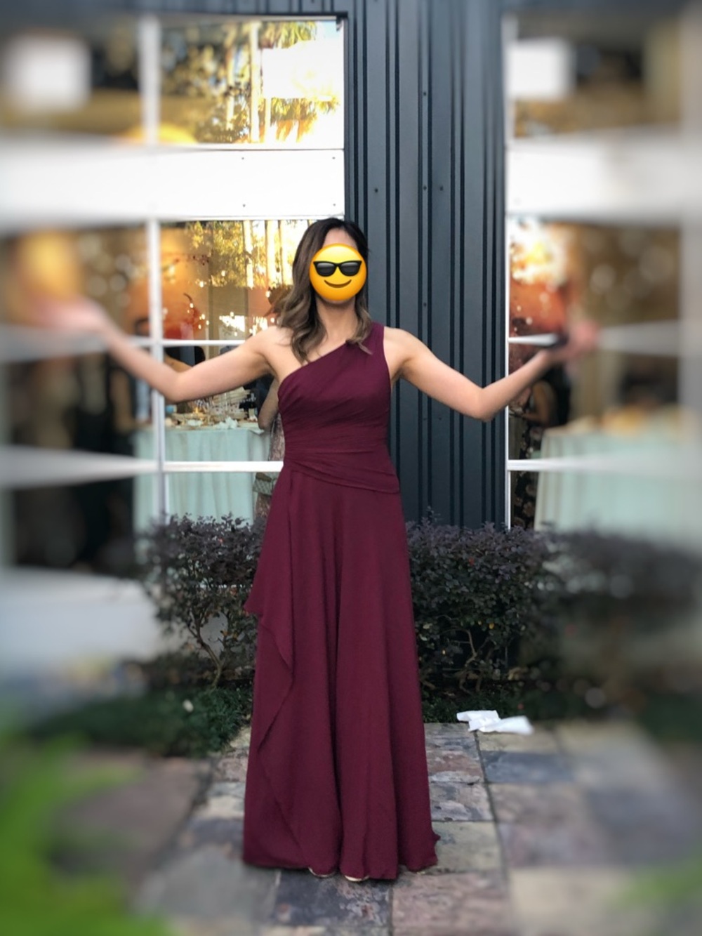 David's Bridal One-Shoulder Georgette Cascade Dress in Wine Sz 4